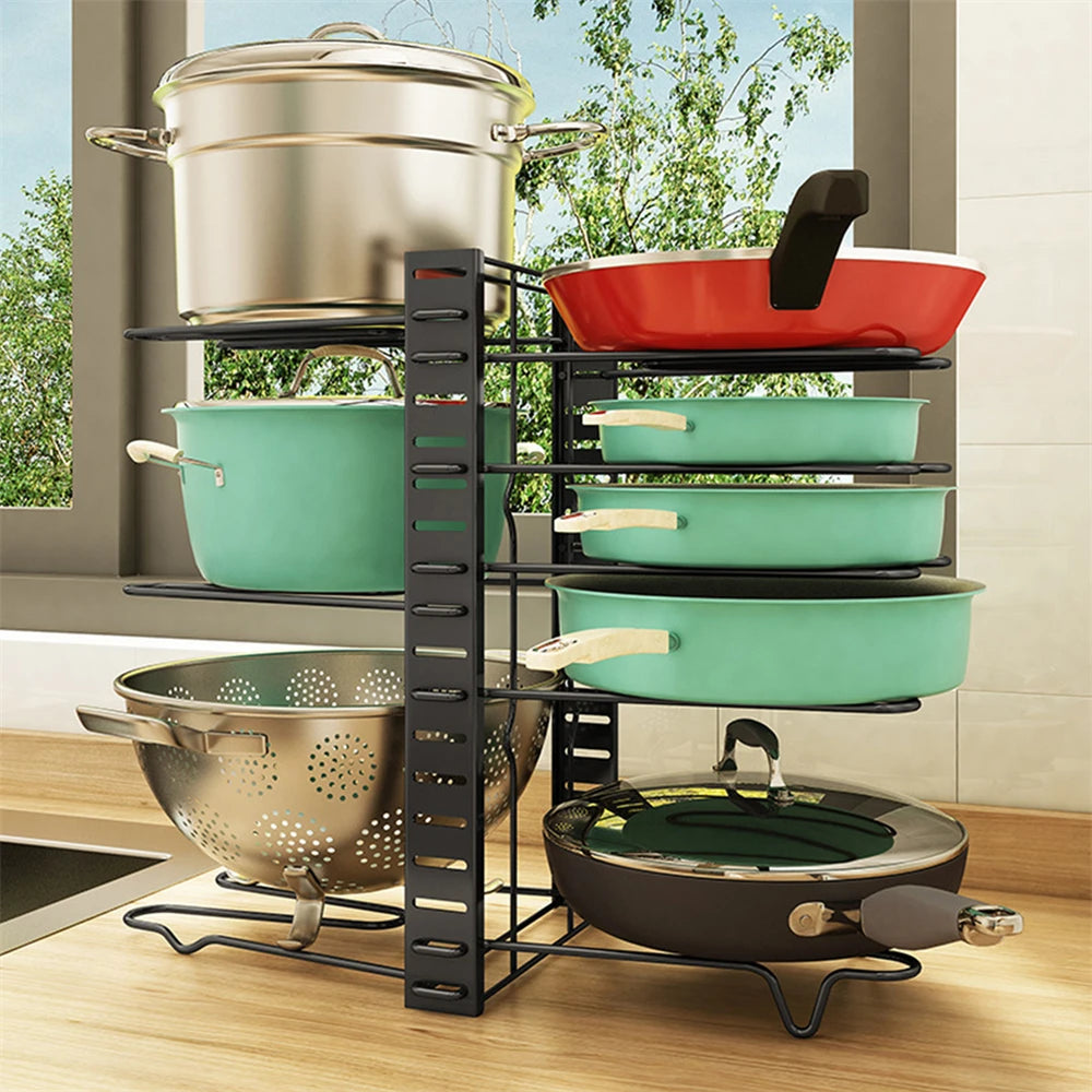8 Tiers Pan Pot Organizer Rack Multi-layer Iron Wire Bilateral Pot Adjustable Cabinet Pots Lids Storage Rack Kitchen Tool
