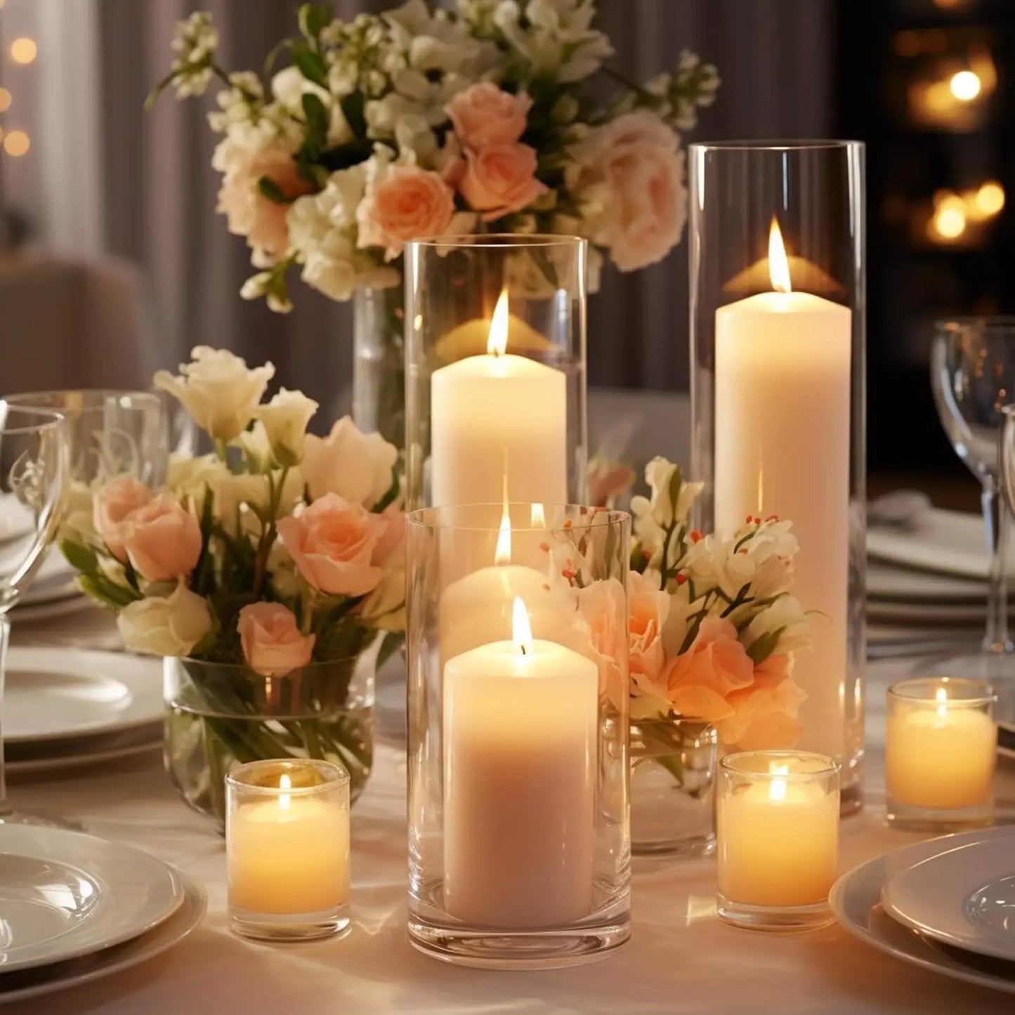 White Pillar Candles with Glass Cylinder Vases Clear Hurricane Glass Candle Holders for Centerpieces for Weddings Parties Decor