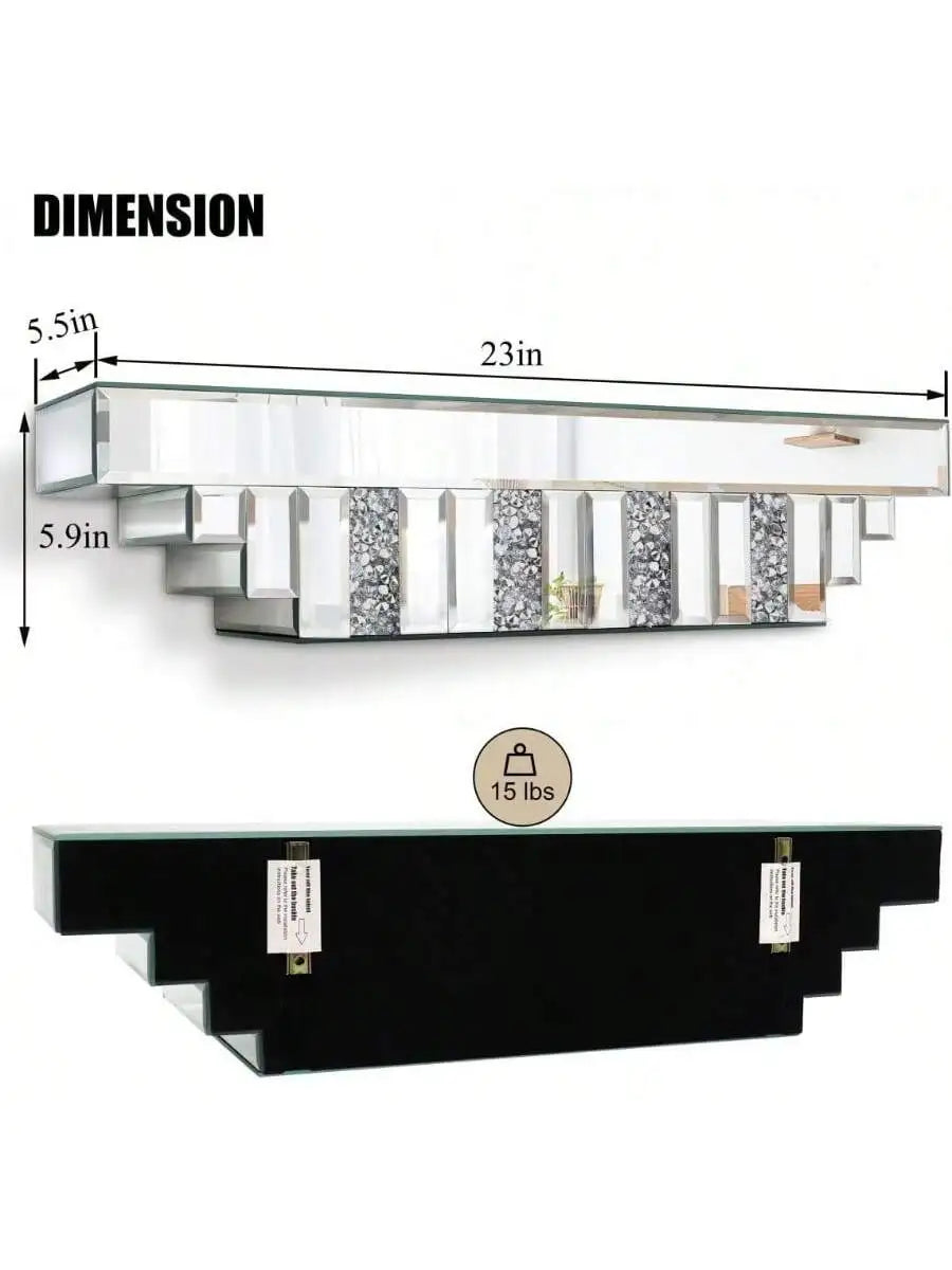 Mirrored Floating Shelf for Wall Silver Mirror Crushed Diamond Decorative Shelf for Home Decoration Crystal Diamond Art