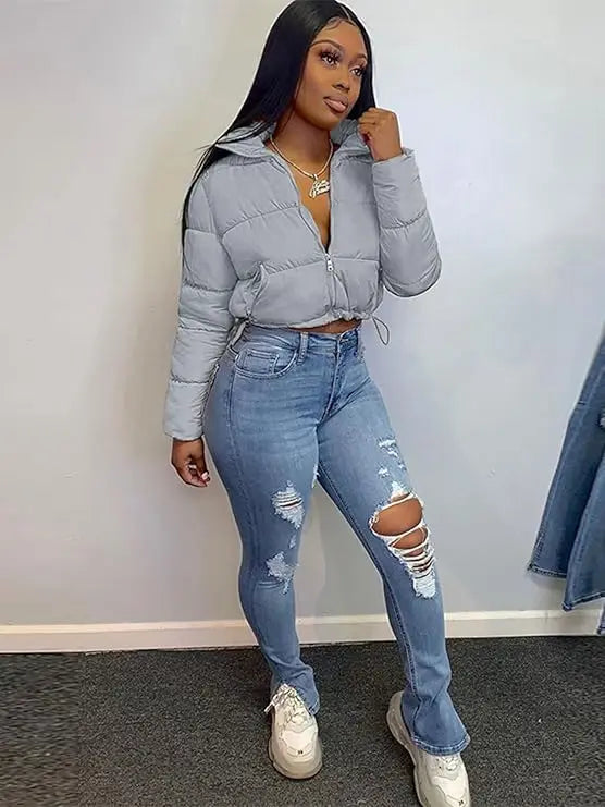 Women's Winter Cropped Puffer Jacket Long Sleeve Full Zip Lightweight Warm Quilted Down Coats