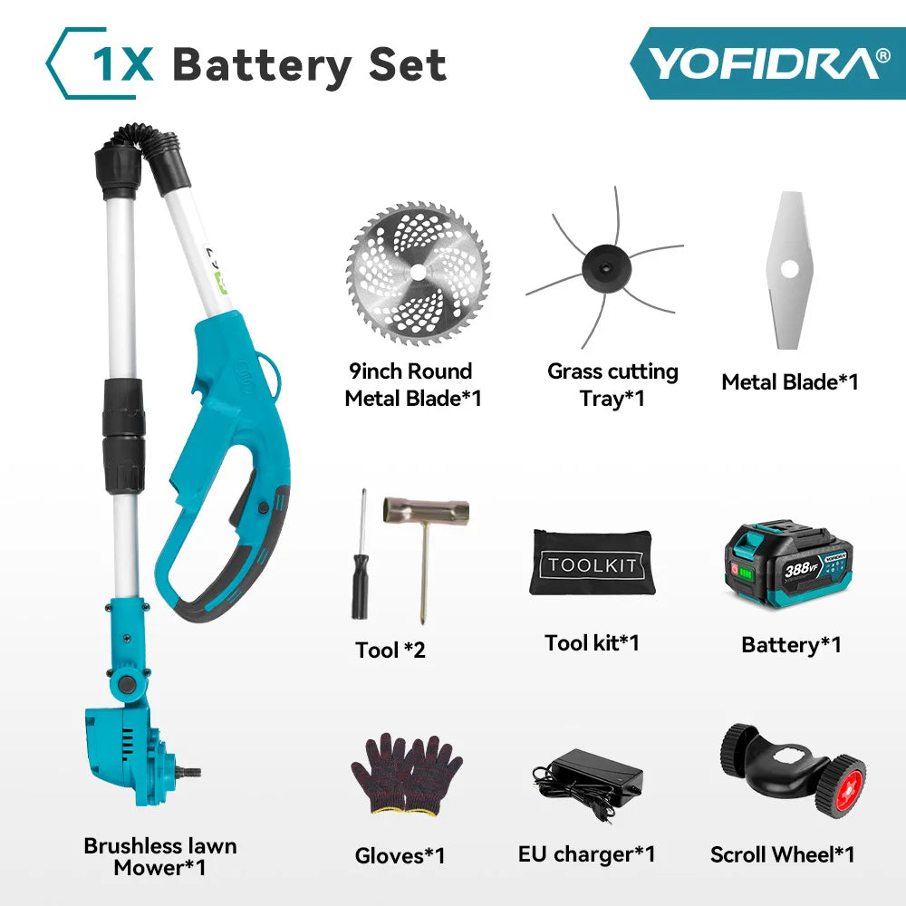 YOFIDRA 9 Inch Brushless Electric Lawn Mower Handheld Cordless Grass Trimmer Length Adjustable Garden Tool For 21V 18V Batter