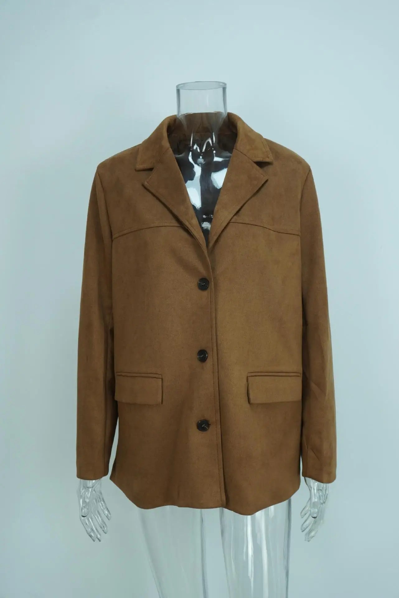 2025 Casual Brown Lapel Pocket Suede Leather Jacket Fashion Woman Single Button Long Sleeve Crop Coat Lady Autumn Street Outwear