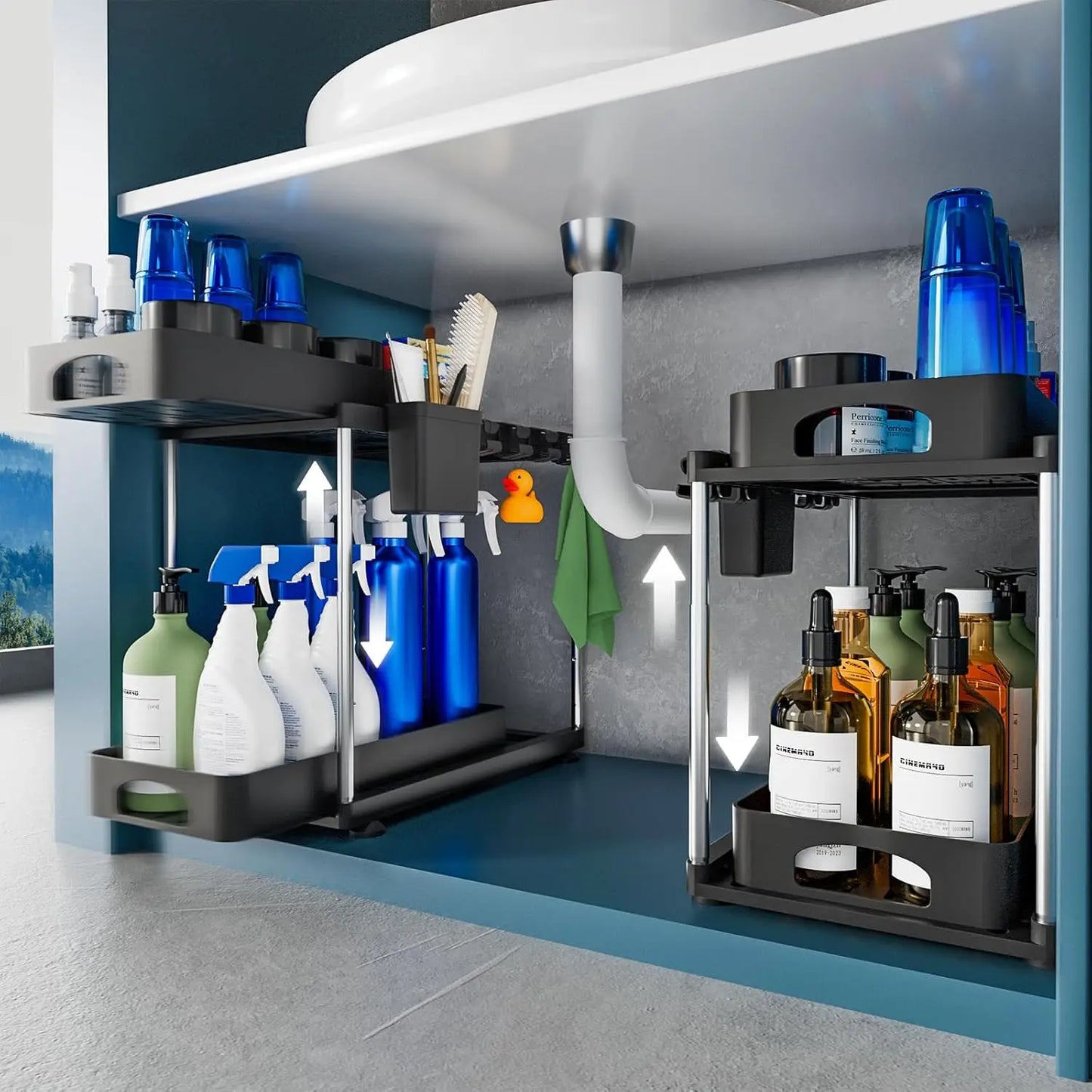 2 Pack Under Sink Organizers and Storage, Double Sliding Kitchen Cabinet Organizer,2 Tier Height Adjustable Countertop Organizer