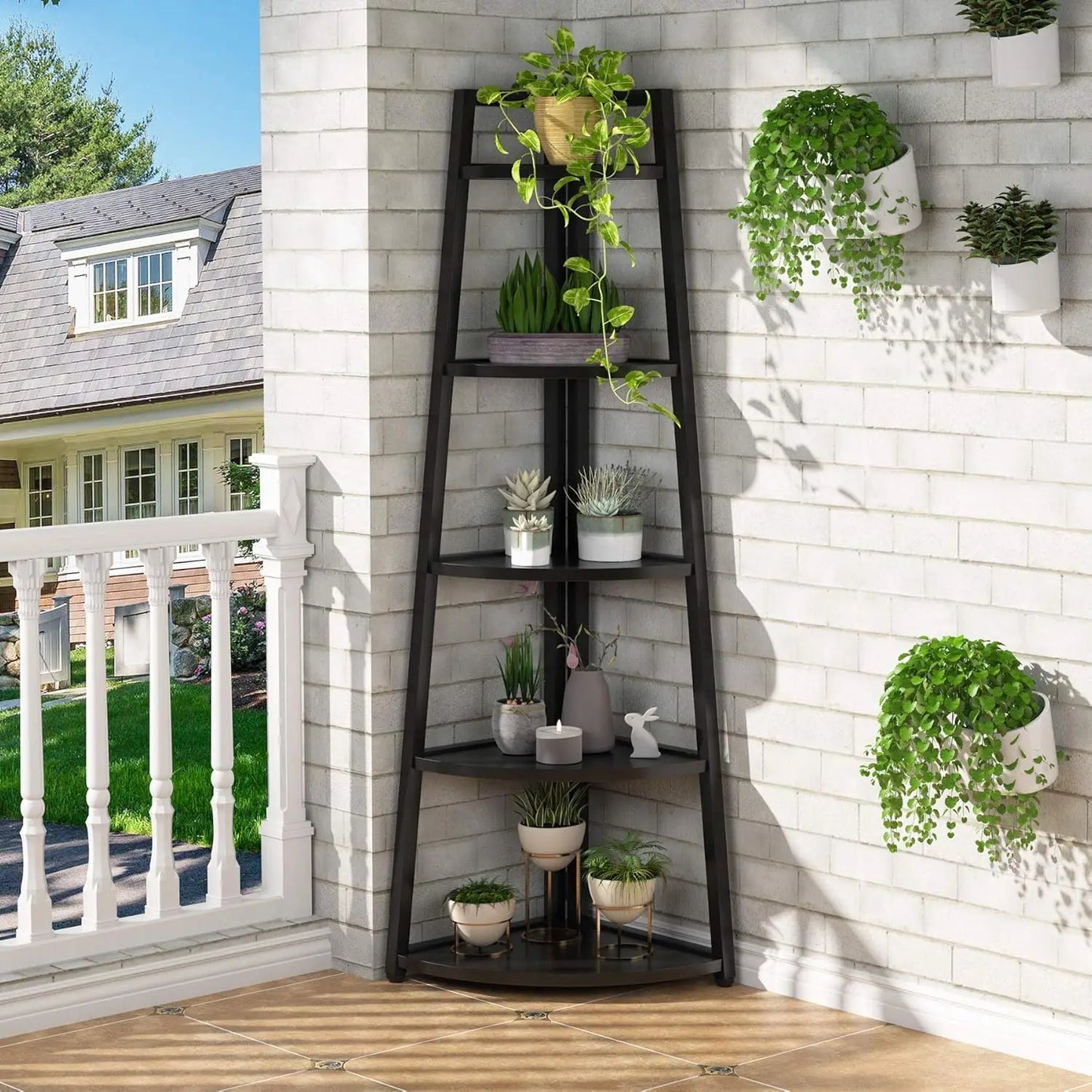 5 Tier Industrial Corner Bookshelf Bookcase Industrial Corner Ladder Shelf Plant Stand for Living Room, Kitchen, Home Office