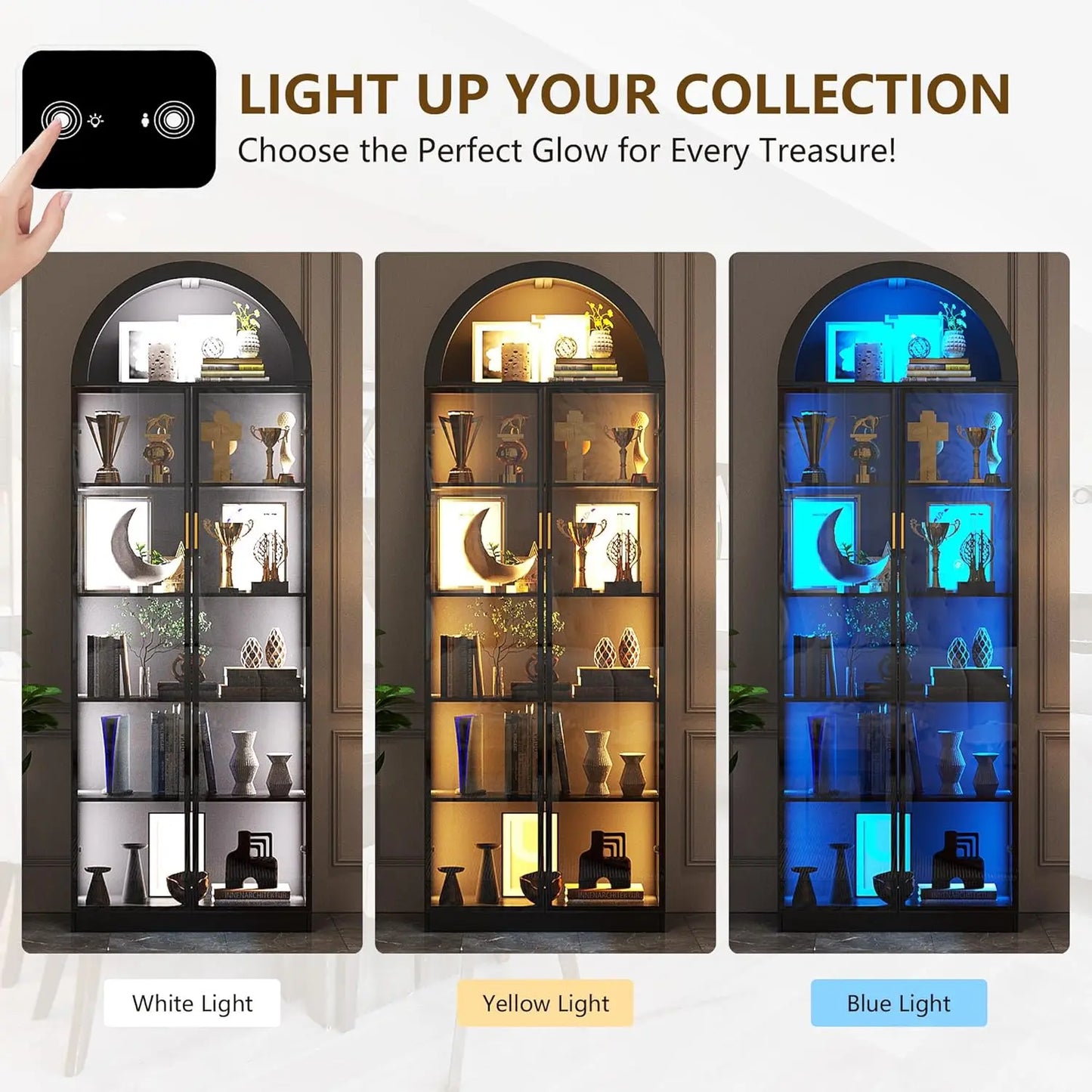 Display Cabinet with Doors and Adjustable Shelves, 76" Tall Display Case with LED Lights/Arch