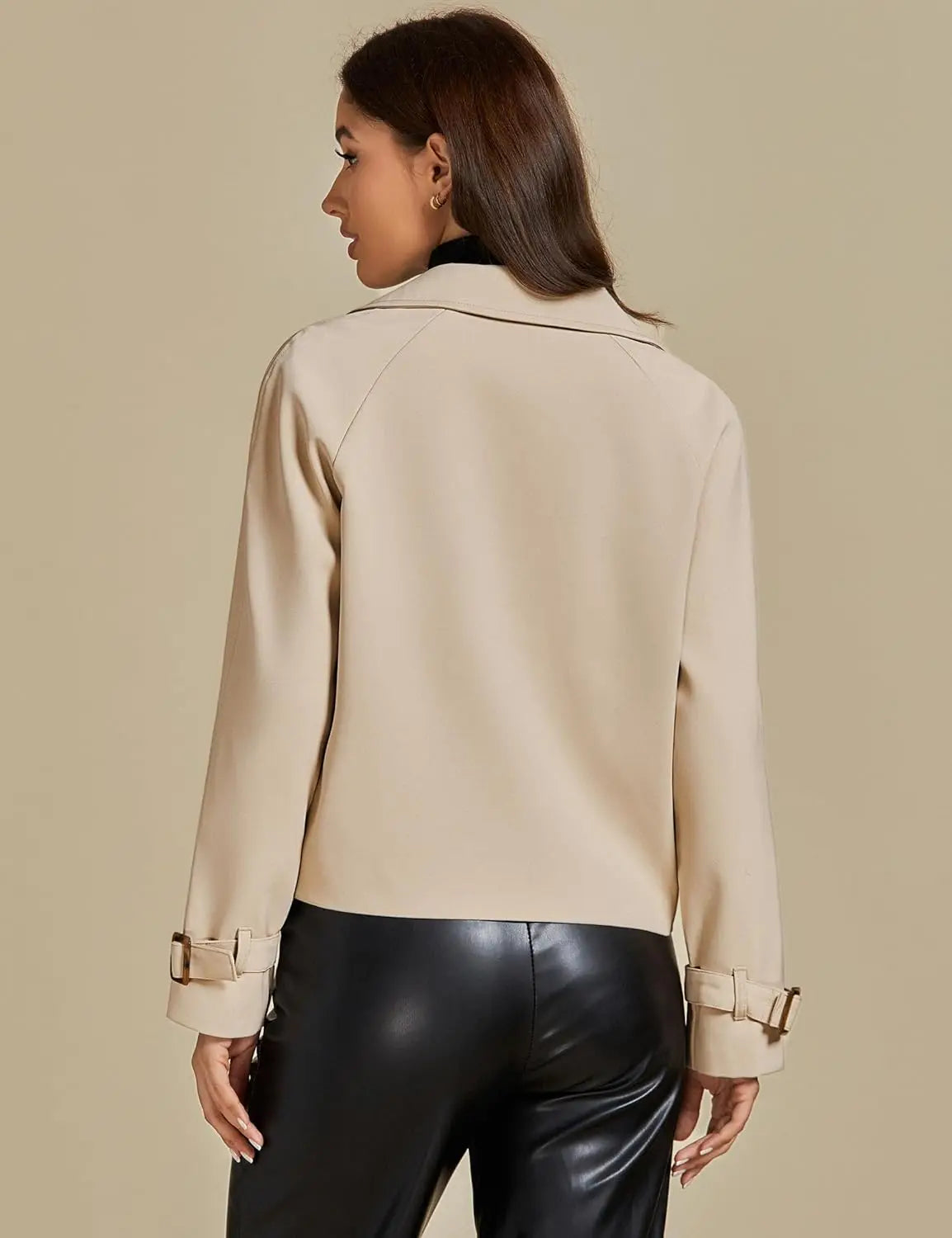 luvamia Cropped Trench Coat for Women Long Sleeve Double Breasted Notched Lapel Casual Loose Fit Jackets with Pockets Jacket