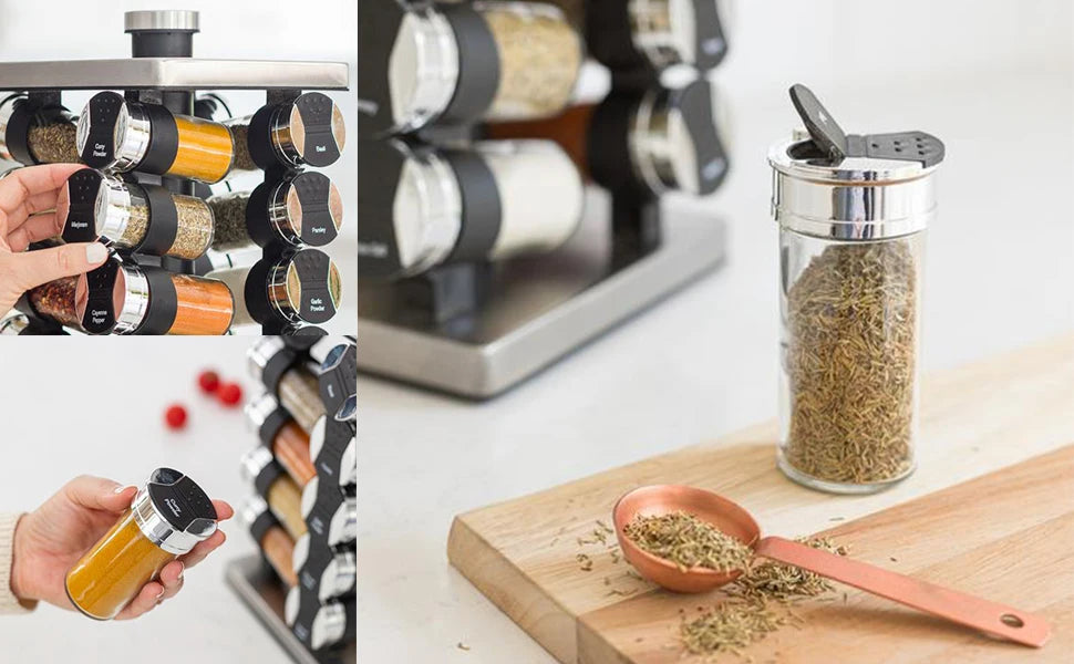 Jar Spice Rack with Spices Included - Revolving Tower Organizer for Kitchen Spices and Seasonings, (Stainless Steel)