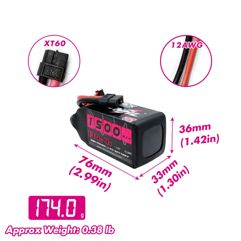 2PCS CNHL 4S 14.8V Lipo Battery 1100mAh 1300mAh 1500mAh 130C With XT60 Plug For FPV Airplane Drone Quadcopter Helicopter Hobby