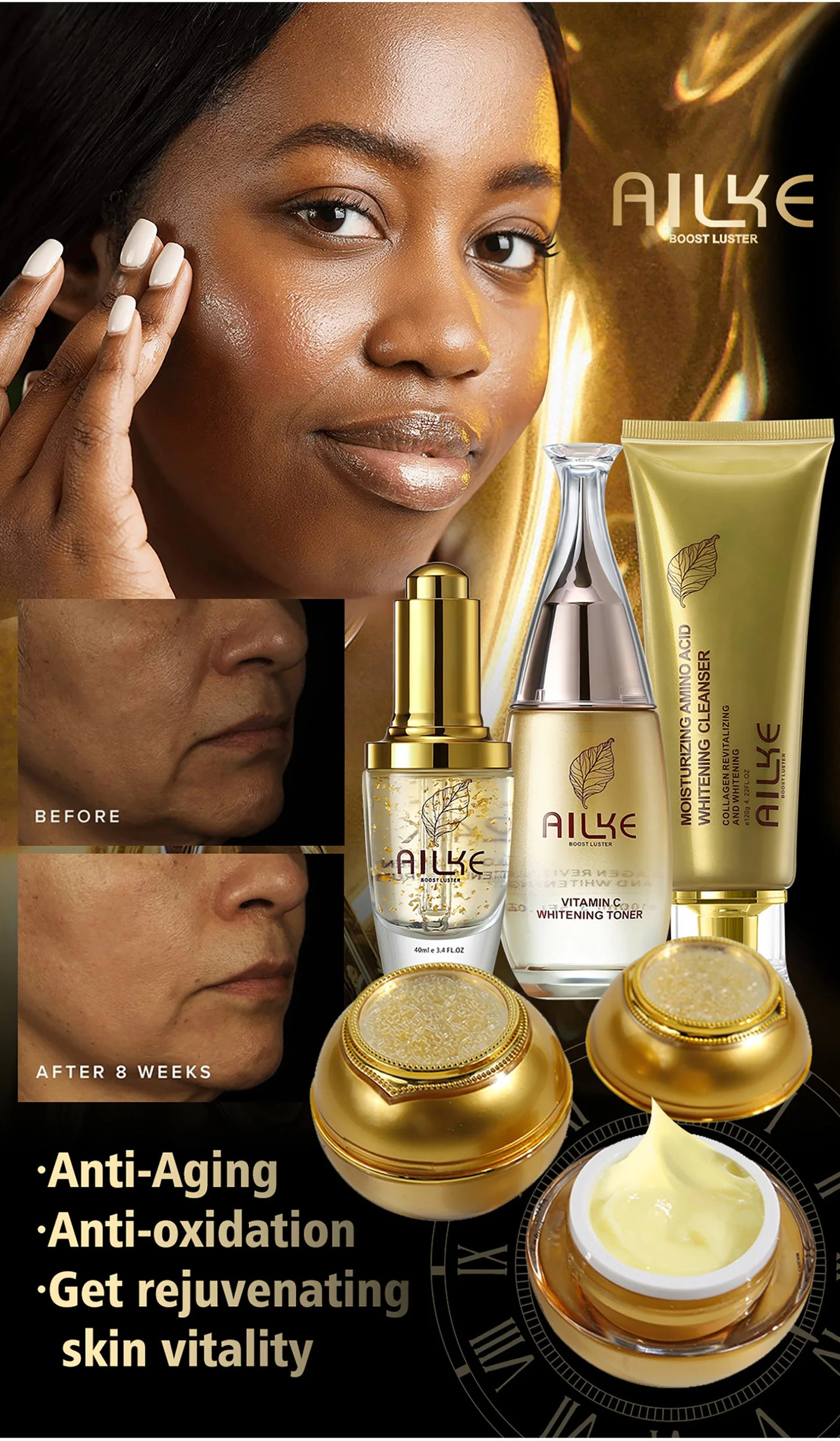 AILKE 24K gold facial essence glycerin liquid toner face skin cream whitening vitamin c brightening moisturizing beauty sets