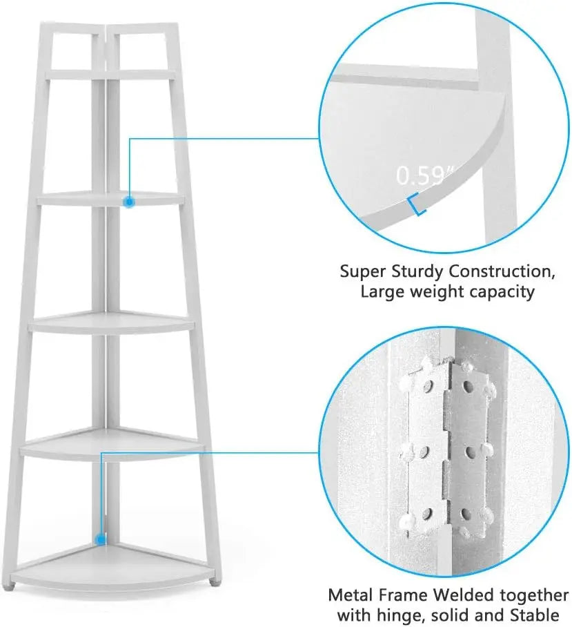 5 Tier Industrial Corner Bookshelf Bookcase Industrial Corner Ladder Shelf Plant Stand for Living Room, Kitchen, Home Office