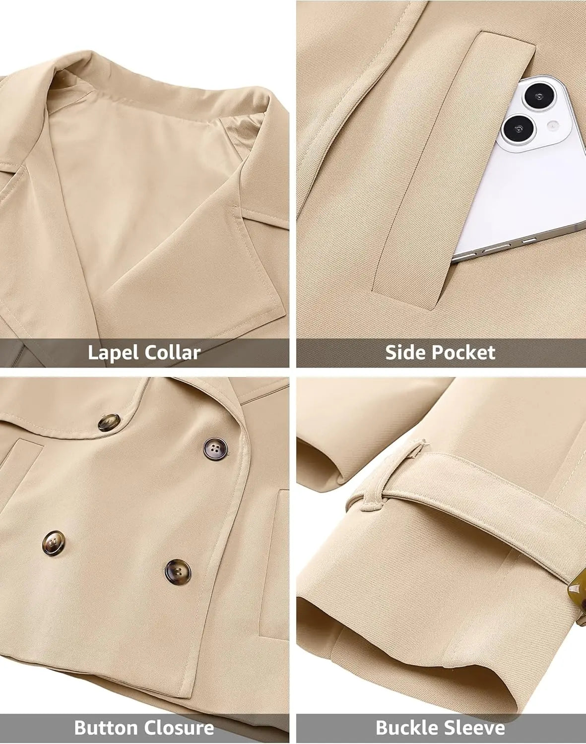 luvamia Cropped Trench Coat for Women Long Sleeve Double Breasted Notched Lapel Casual Loose Fit Jackets with Pockets Jacket