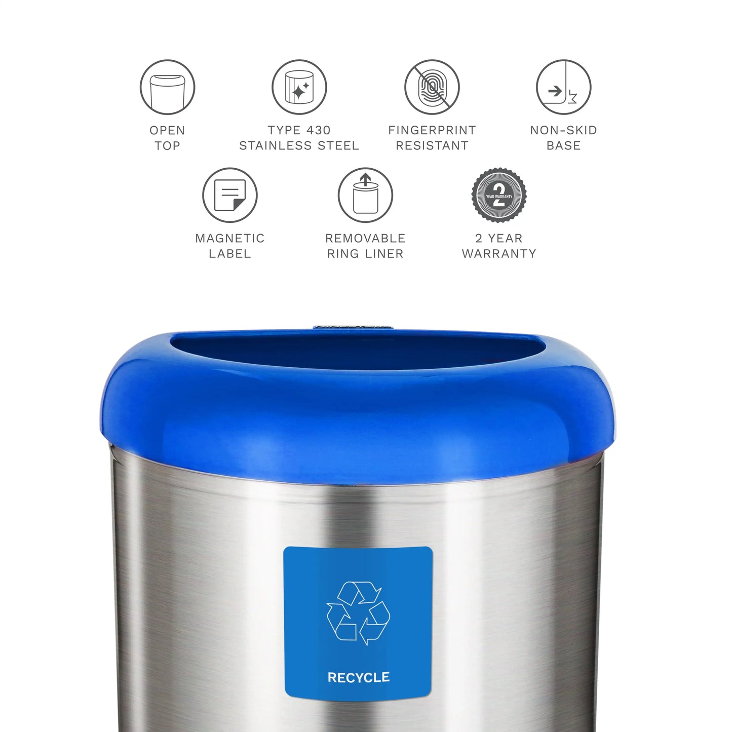 13.2 Gal / 50L Blue Trash Can, Open Top, Fingerprint-Resistant Stainless Steel With Recycle Magnet