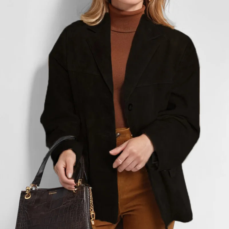 2025 Casual Brown Lapel Pocket Suede Leather Jacket Fashion Woman Single Button Long Sleeve Crop Coat Lady Autumn Street Outwear