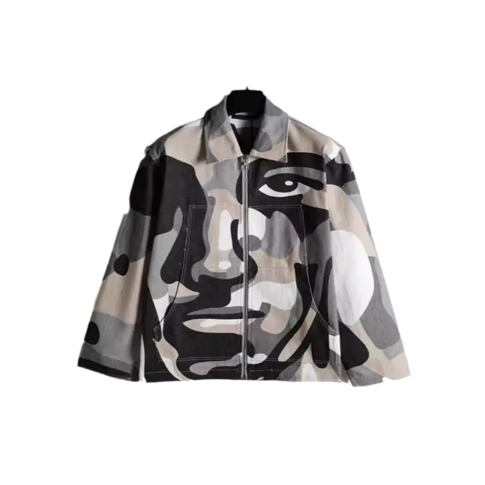 American style new retro printed slim fit long sleeved polo collar zipper cardigan jacket for men