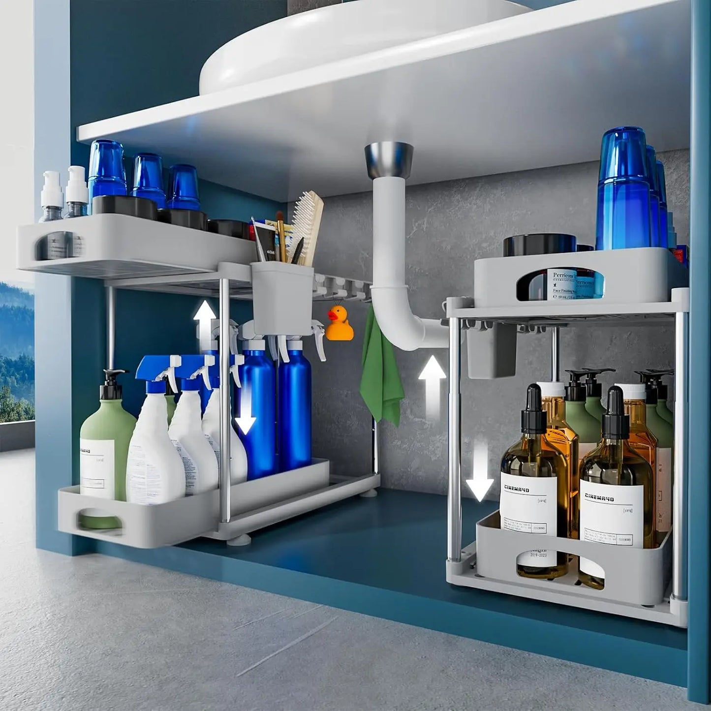 2 Pack Under Sink Organizers and Storage, Double Sliding Kitchen Cabinet Organizer,2 Tier Height Adjustable Countertop Organizer