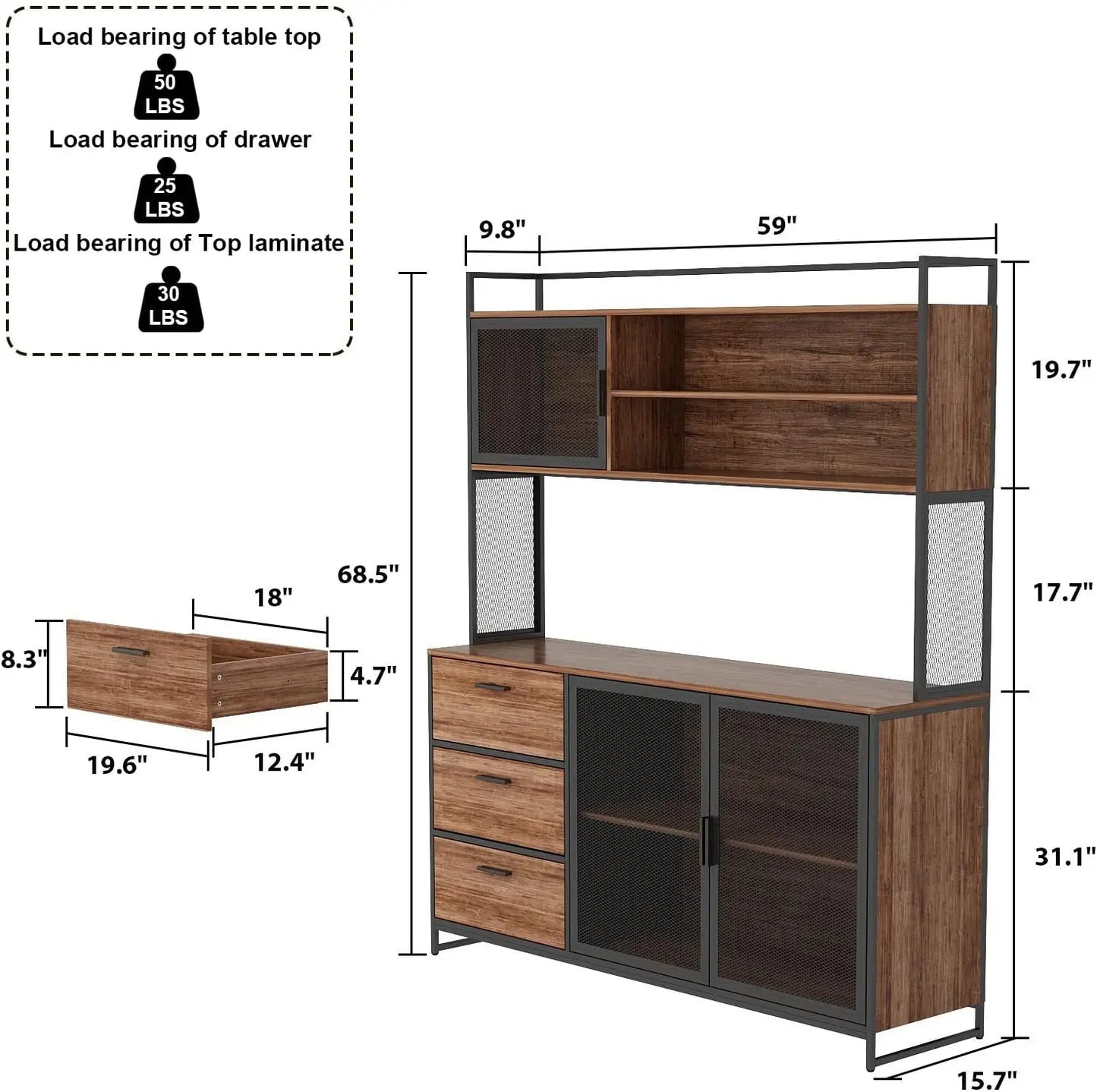 Modern Wood Sideboard Buffet Storage Cabinet with Hutch, 3 Metal Mesh Doors, 3 Drawers & Shelves, Kitchen Pantry