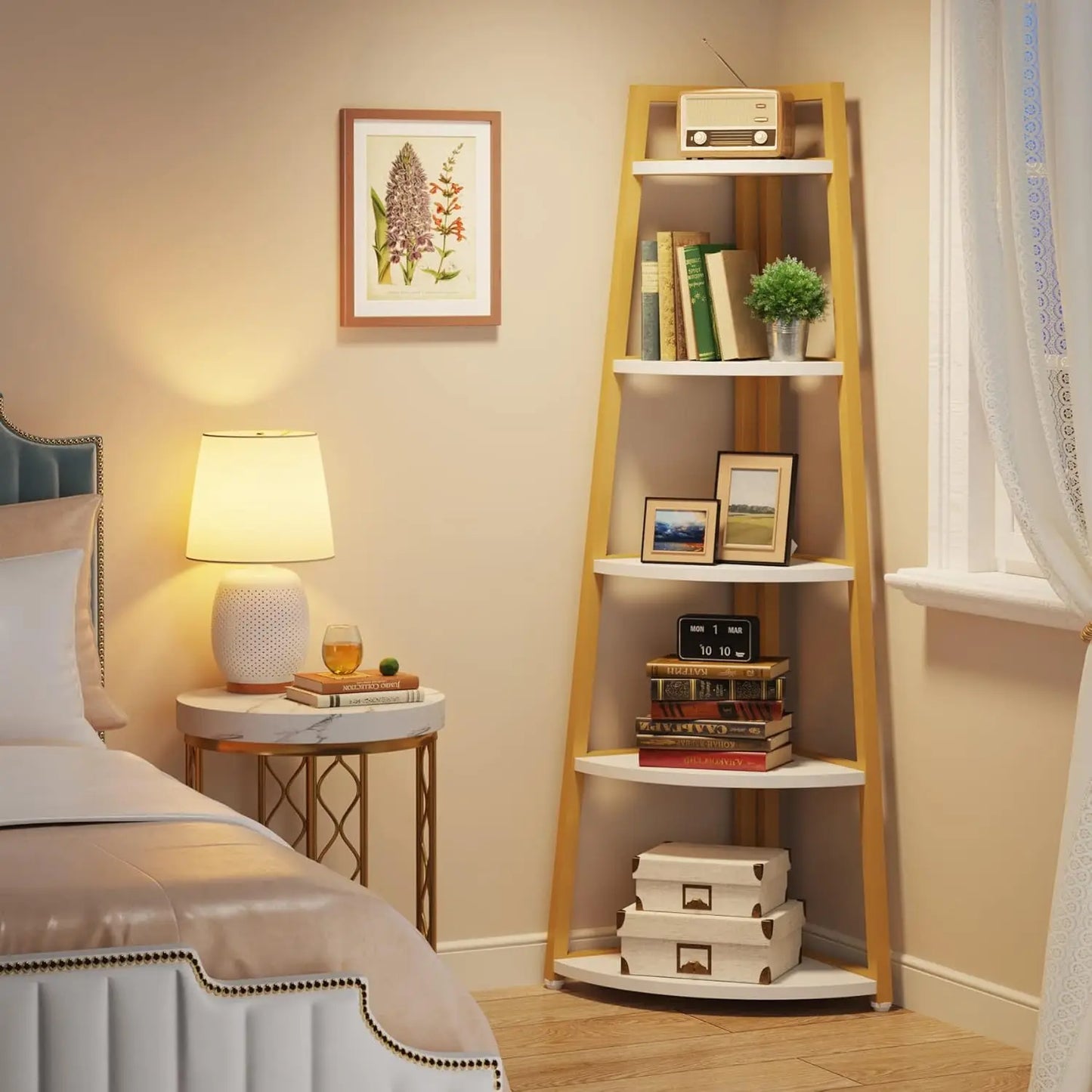 5 Tier Industrial Corner Bookshelf Bookcase Industrial Corner Ladder Shelf Plant Stand for Living Room, Kitchen, Home Office