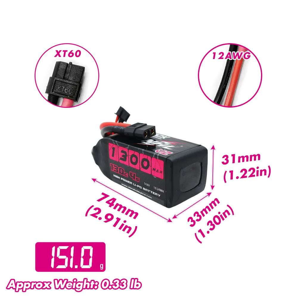 2PCS CNHL 4S 14.8V Lipo Battery 1100mAh 1300mAh 1500mAh 130C With XT60 Plug For FPV Airplane Drone Quadcopter Helicopter Hobby