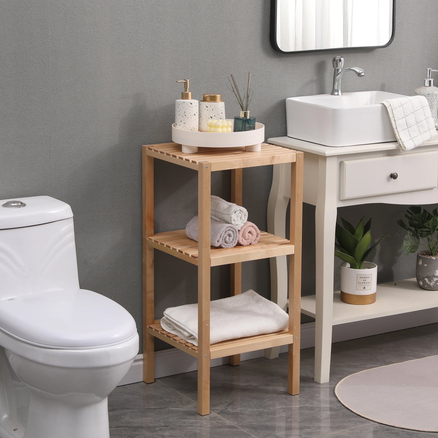 3-Tier Birch Bathroom Shelf, Narrow Shelving Unit, Multifunctional Storage Rack, Corner Rack, for Kitchen, Living Room.