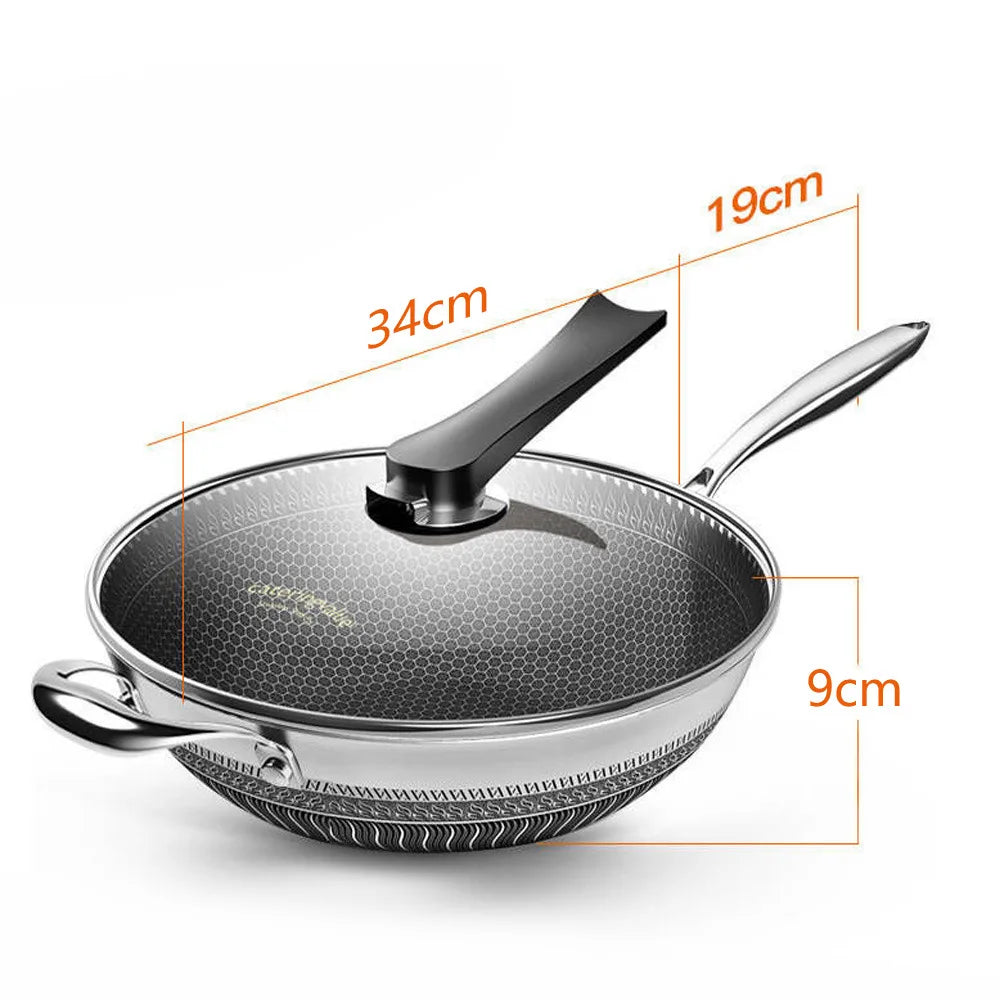 Bymaocar 34cm Cooking Wok Stainless Steel Kitchen Frying Pan with Non-stick Coated & Glass Lid for Gas Stove & Induction Cooker