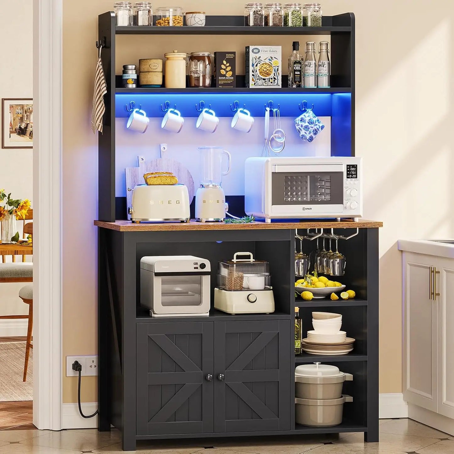35.4 inch Coffee Bar Cabinet, Bakers Rack with Power Outlet and Storage, LED Lights, Wine Glass Holder and 8 Hooks,