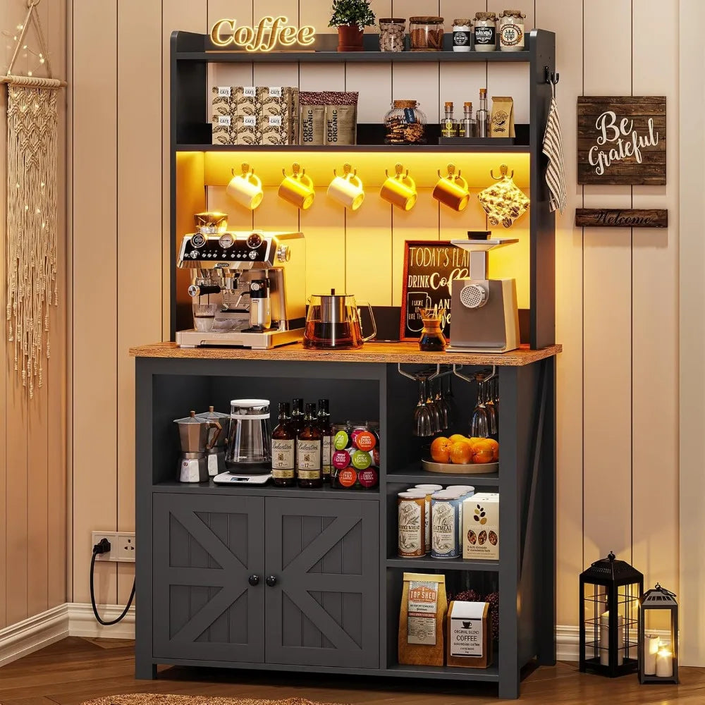 35.4 inch Coffee Bar Cabinet, Bakers Rack with Power Outlet and Storage, LED Lights, Wine Glass Holder and 8 Hooks,