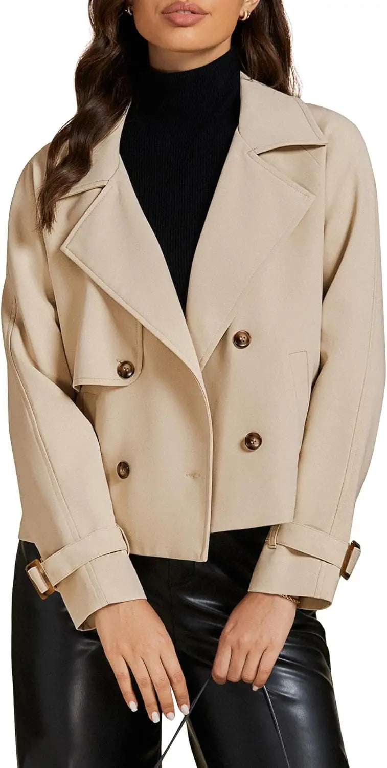 luvamia Cropped Trench Coat for Women Long Sleeve Double Breasted Notched Lapel Casual Loose Fit Jackets with Pockets Jacket