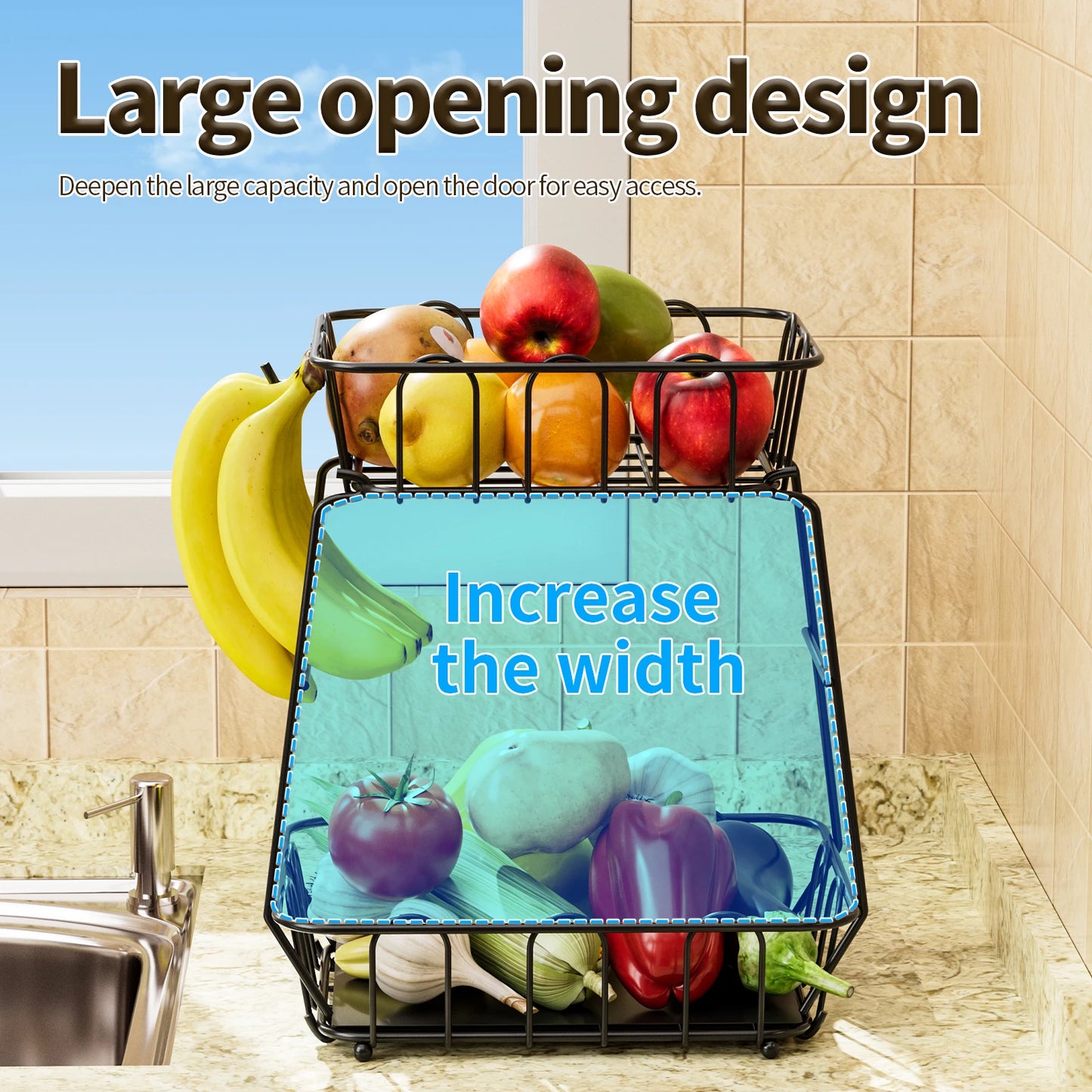 Fruit Basket,Metal Wire Storage Basket With Hooks,Saving Storage Rack,Stylish Kitchen Organizer In Space - Display Stand