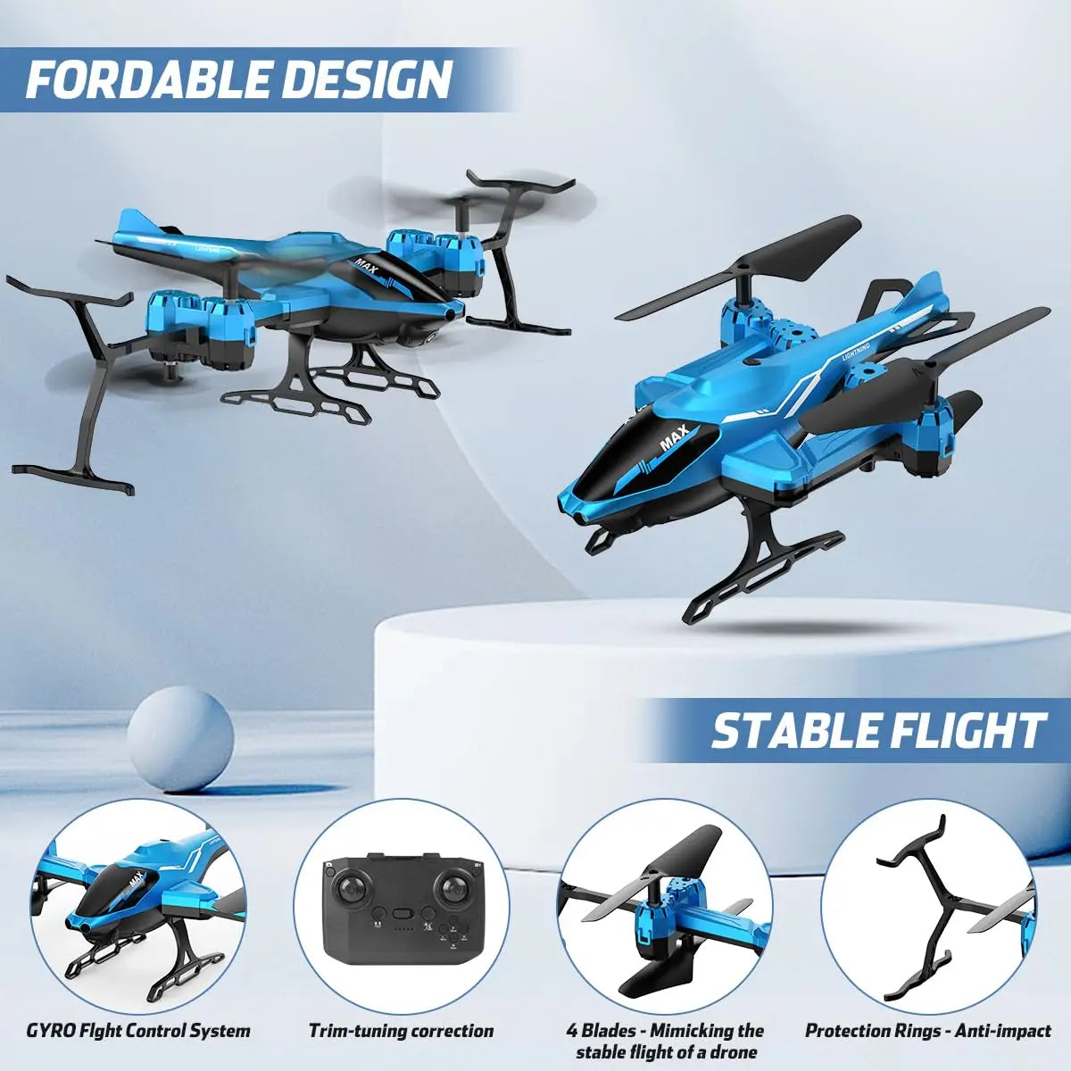 VATOS Super Function All in 1 Remote Control 2.4G RC Helicopter 360° Flip Obstacle Avoidance with LED Light Gift for Kids Adults
