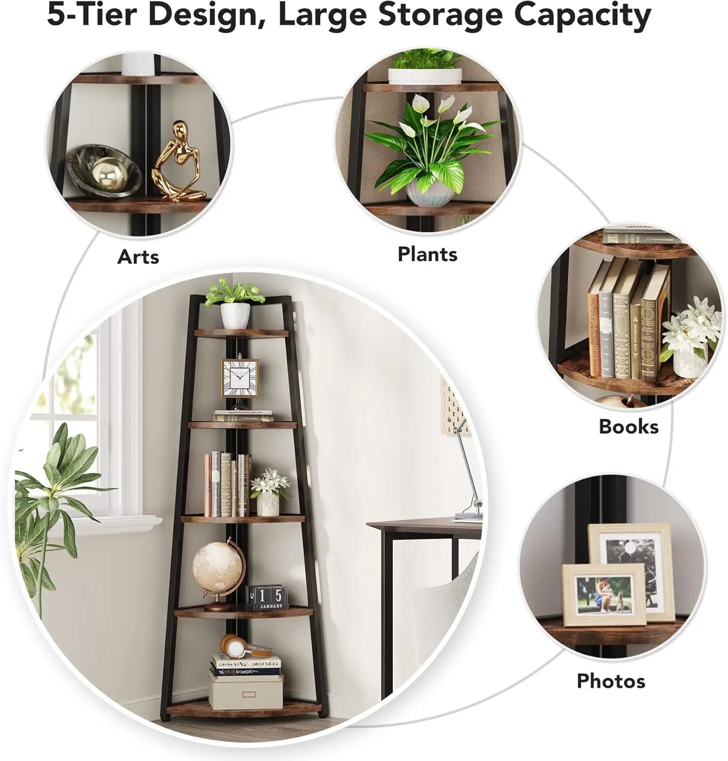 5 Tier Industrial Corner Bookshelf Bookcase Industrial Corner Ladder Shelf Plant Stand for Living Room, Kitchen, Home Office