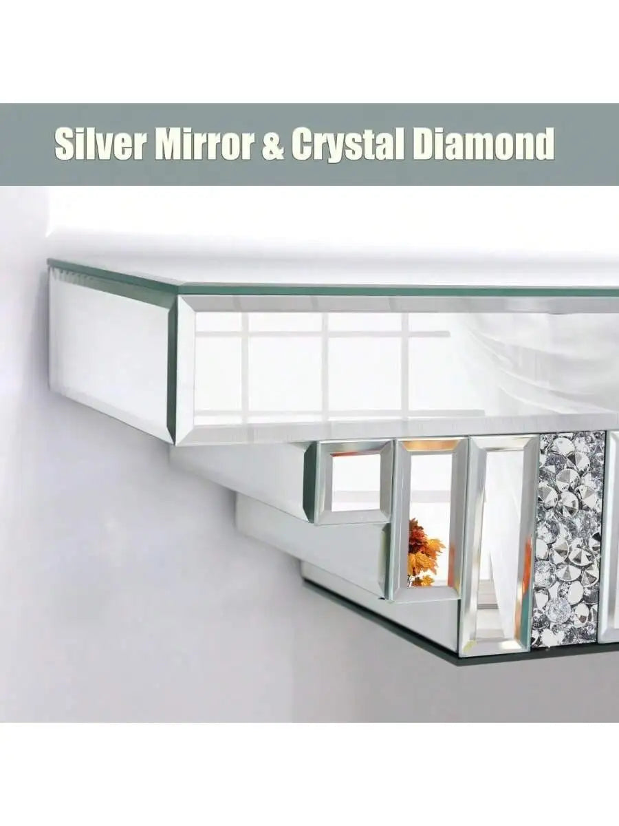 Mirrored Floating Shelf for Wall Silver Mirror Crushed Diamond Decorative Shelf for Home Decoration Crystal Diamond Art