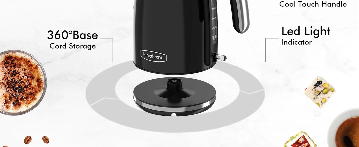 Electric Kettles 1500W for Boiling Water, Longdeem Retro 1.7L Stainless Steel Hot Water Boiler with Automatic Shut Off, Black
