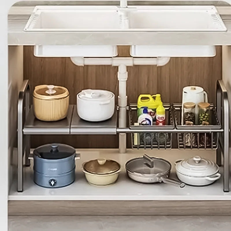 Kitchen Under Sink Adjustable Pot Rack Multifunctional Dish Pans Snacks Cookware Storage Rack Countertop Cabinet Storage Basket