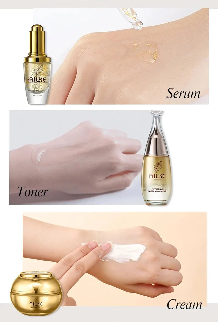 AILKE 24K gold facial essence glycerin liquid toner face skin cream whitening vitamin c brightening moisturizing beauty sets