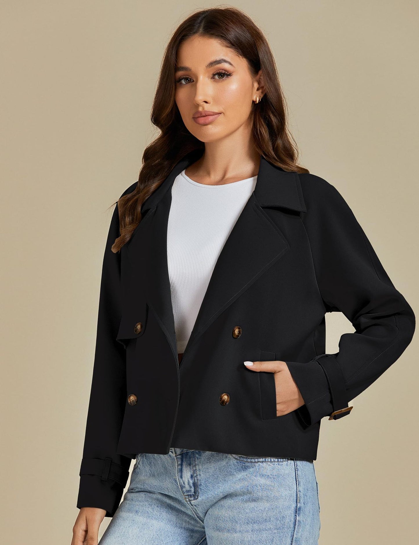 luvamia Cropped Trench Coat for Women Long Sleeve Double Breasted Notched Lapel Casual Loose Fit Jackets with Pockets Jacket