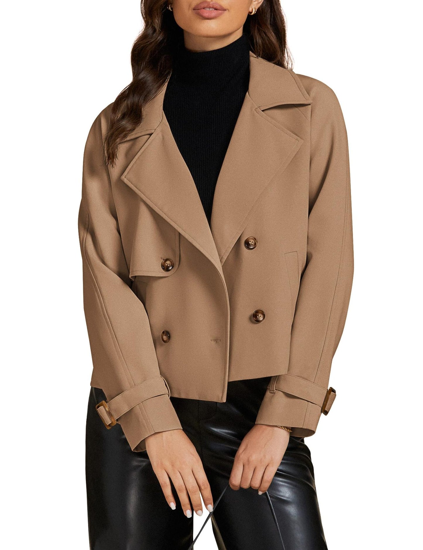 luvamia Cropped Trench Coat for Women Long Sleeve Double Breasted Notched Lapel Casual Loose Fit Jackets with Pockets Jacket