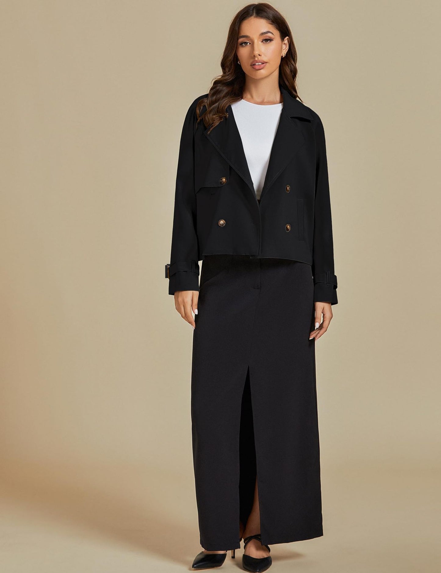 luvamia Cropped Trench Coat for Women Long Sleeve Double Breasted Notched Lapel Casual Loose Fit Jackets with Pockets Jacket