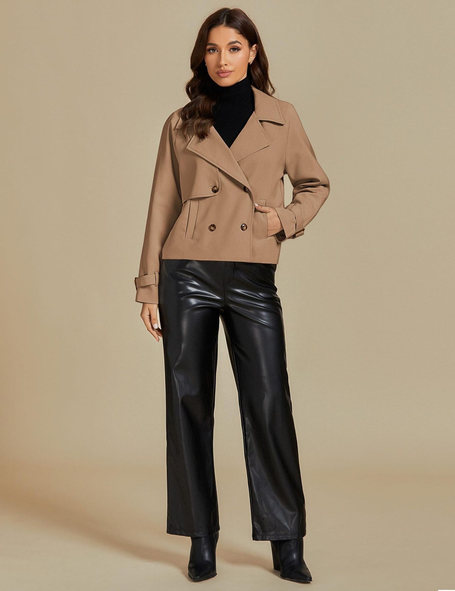 luvamia Cropped Trench Coat for Women Long Sleeve Double Breasted Notched Lapel Casual Loose Fit Jackets with Pockets Jacket