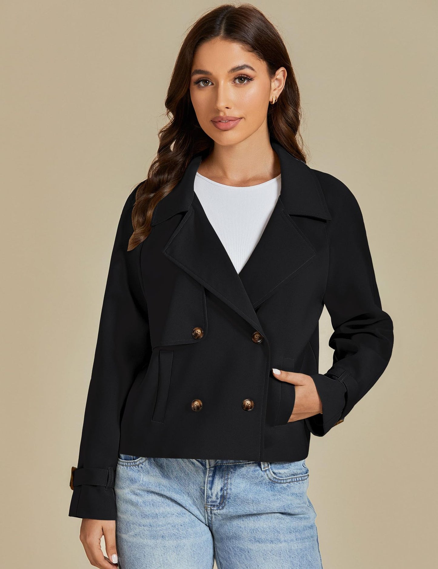 luvamia Cropped Trench Coat for Women Long Sleeve Double Breasted Notched Lapel Casual Loose Fit Jackets with Pockets Jacket