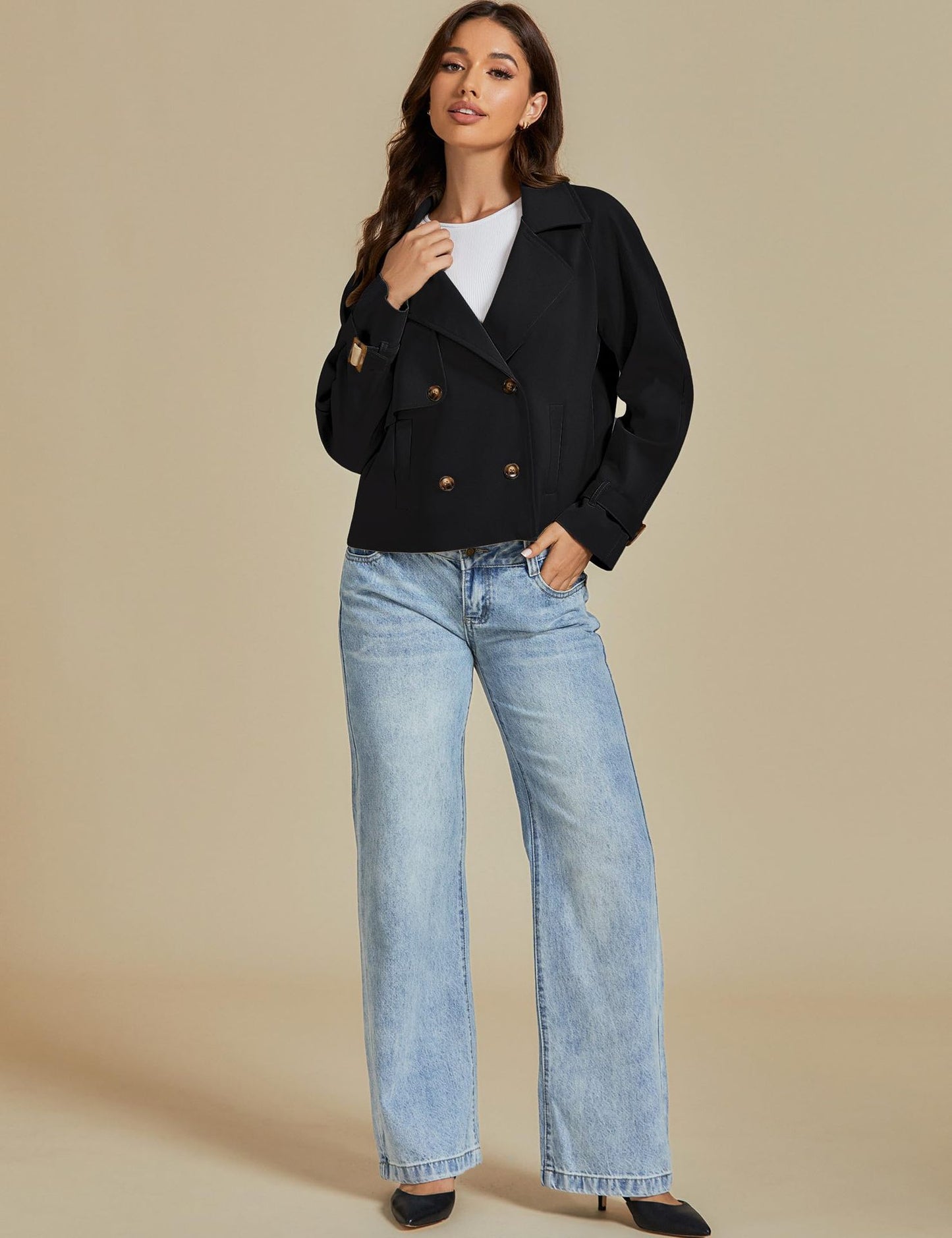 luvamia Cropped Trench Coat for Women Long Sleeve Double Breasted Notched Lapel Casual Loose Fit Jackets with Pockets Jacket