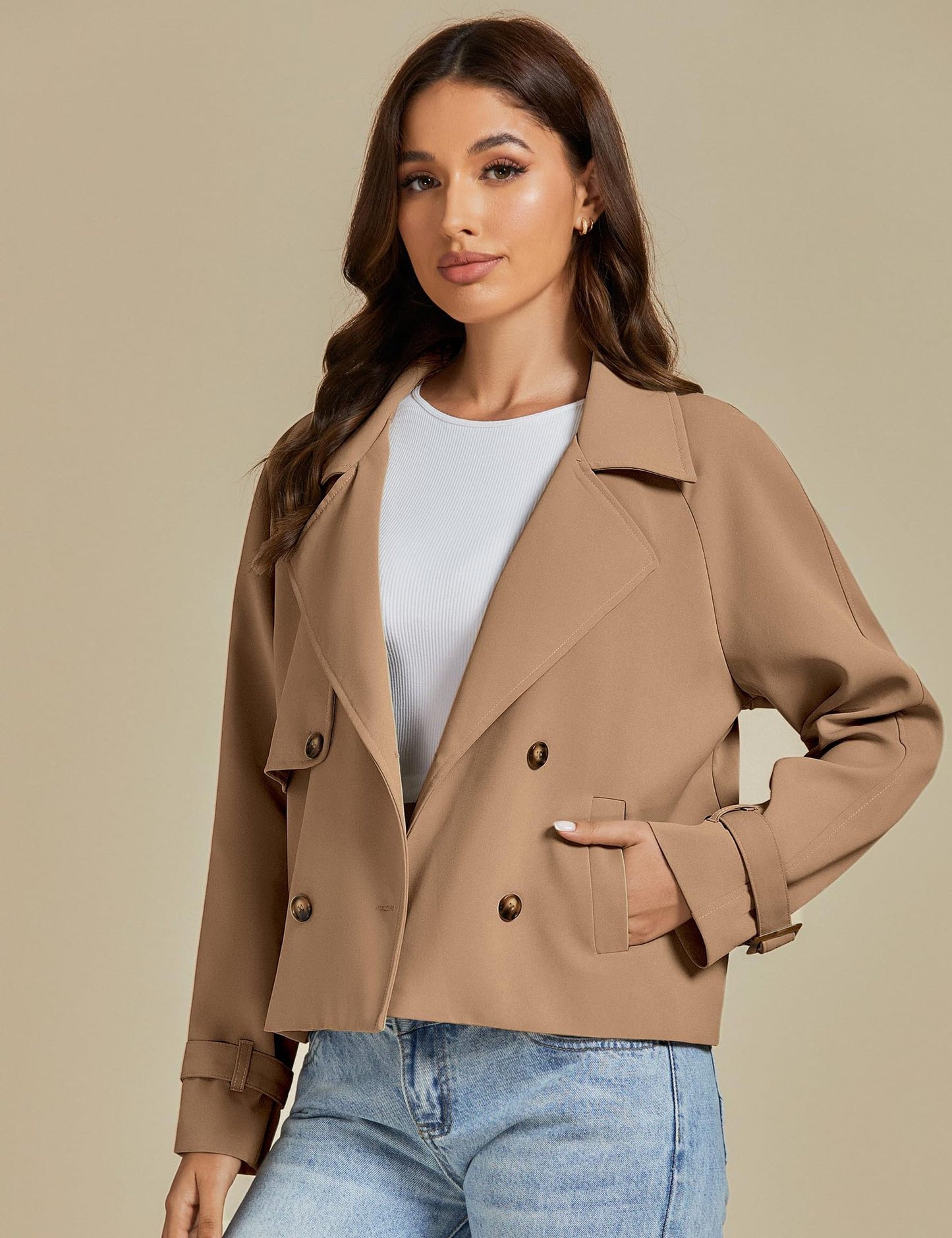 luvamia Cropped Trench Coat for Women Long Sleeve Double Breasted Notched Lapel Casual Loose Fit Jackets with Pockets Jacket