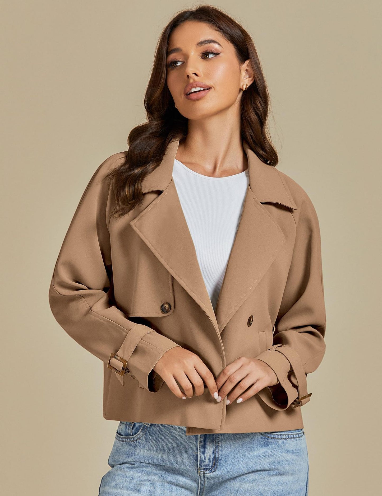 luvamia Cropped Trench Coat for Women Long Sleeve Double Breasted Notched Lapel Casual Loose Fit Jackets with Pockets Jacket