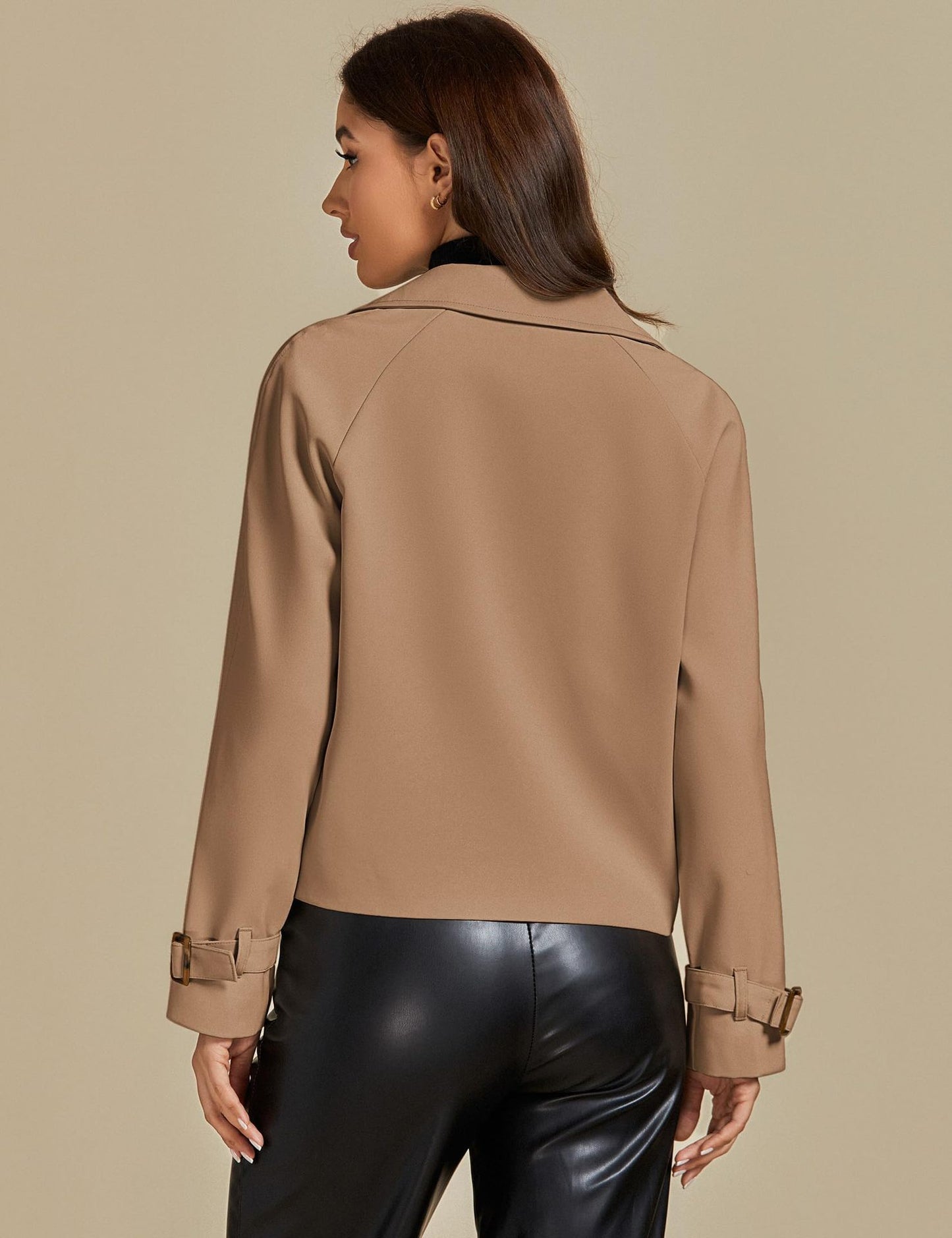 luvamia Cropped Trench Coat for Women Long Sleeve Double Breasted Notched Lapel Casual Loose Fit Jackets with Pockets Jacket