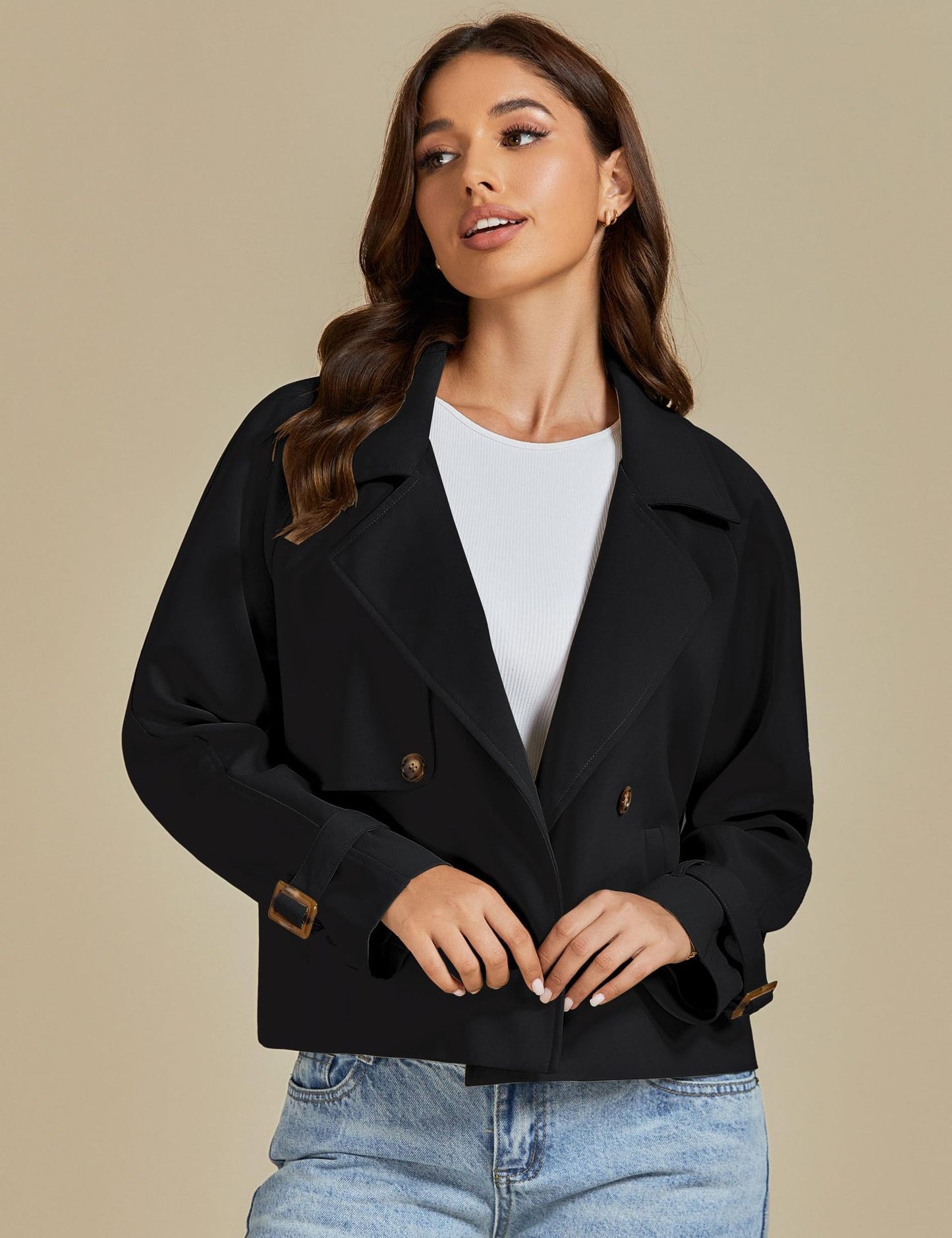 luvamia Cropped Trench Coat for Women Long Sleeve Double Breasted Notched Lapel Casual Loose Fit Jackets with Pockets Jacket