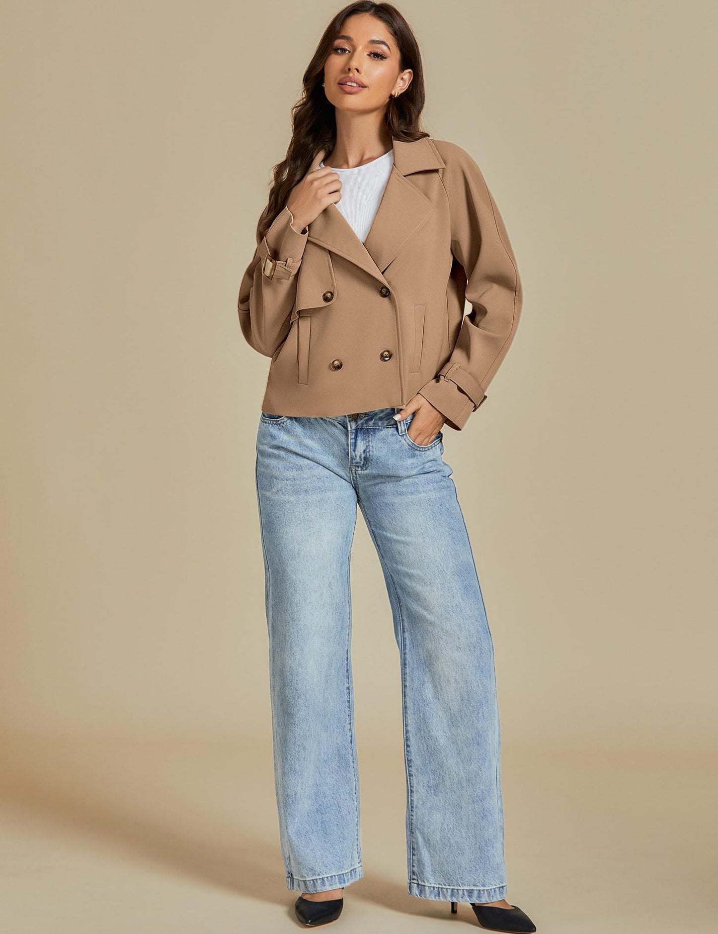 luvamia Cropped Trench Coat for Women Long Sleeve Double Breasted Notched Lapel Casual Loose Fit Jackets with Pockets Jacket