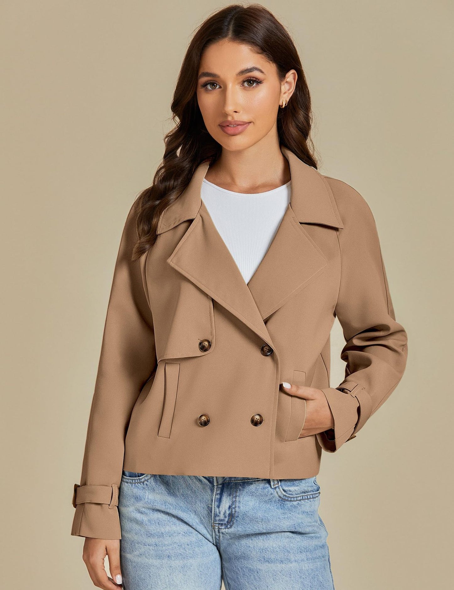luvamia Cropped Trench Coat for Women Long Sleeve Double Breasted Notched Lapel Casual Loose Fit Jackets with Pockets Jacket