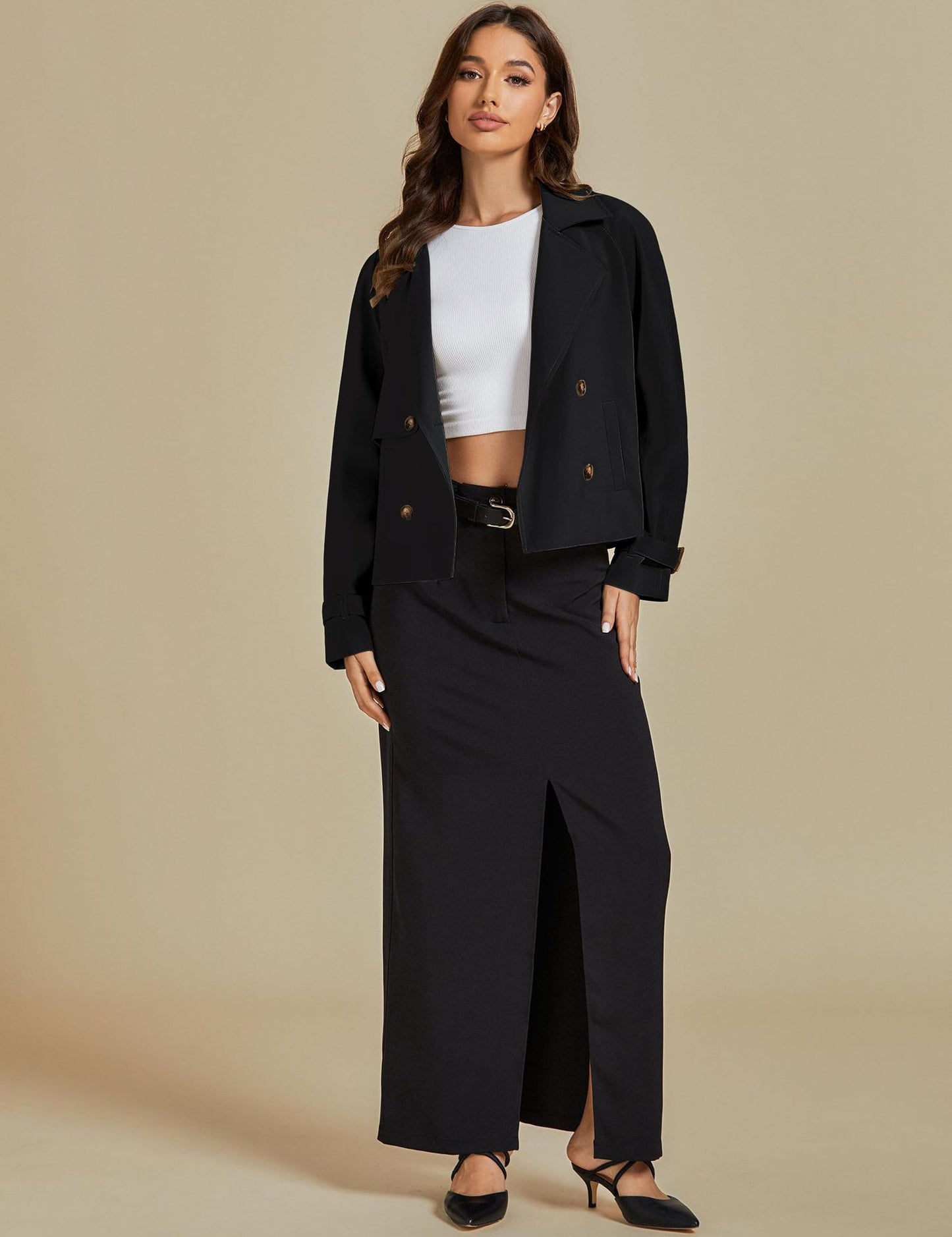 luvamia Cropped Trench Coat for Women Long Sleeve Double Breasted Notched Lapel Casual Loose Fit Jackets with Pockets Jacket