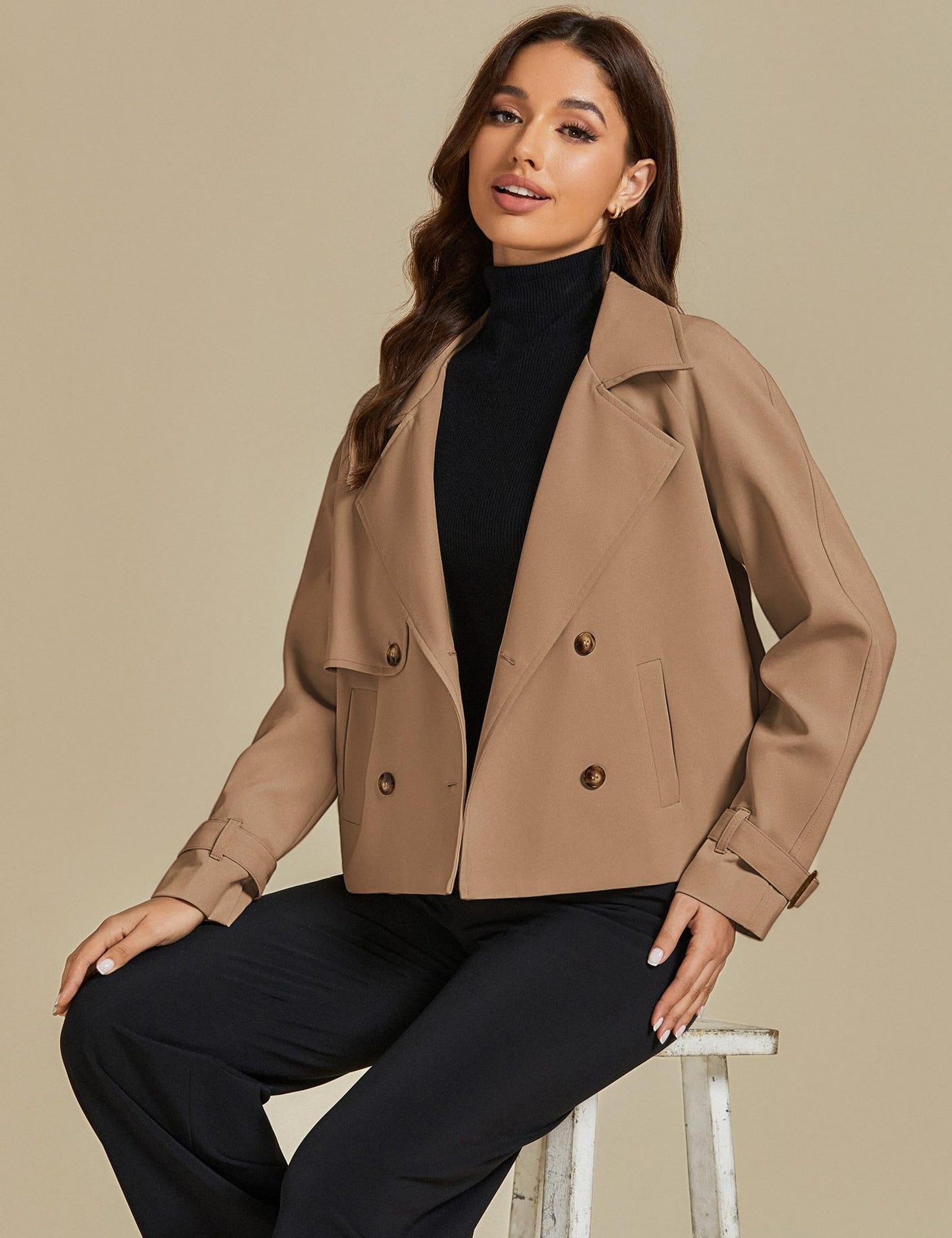 luvamia Cropped Trench Coat for Women Long Sleeve Double Breasted Notched Lapel Casual Loose Fit Jackets with Pockets Jacket