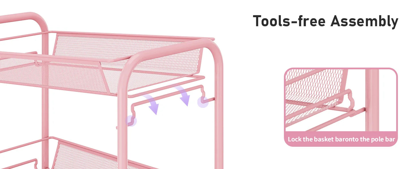 Rolling Cart, Metal Utility Cart with 3 Hooks, Easy Assemble Mobile Storage Trolley On Wheels, Metal Shelving Units Kitchen