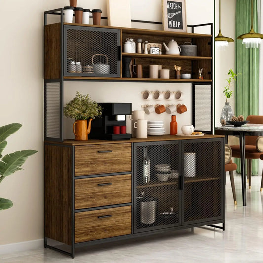 Modern Wood Sideboard Buffet Storage Cabinet with Hutch, 3 Metal Mesh Doors, 3 Drawers & Shelves, Kitchen Pantry